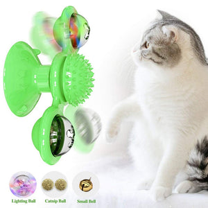 Behogar Funny Rotation Windmill Pet Cat Chewing Interactive Toy with Suction Cup Hair Massager LED Catnip Ball