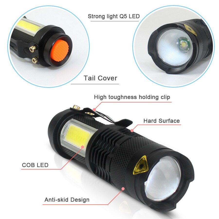 3800LM XML Q5+COB Waterproof Powerful Led Flashlight Torch ZOOM Mini Q5 Hand Lamp Linterna Led for Hiking/Fishing/Camping/Biking