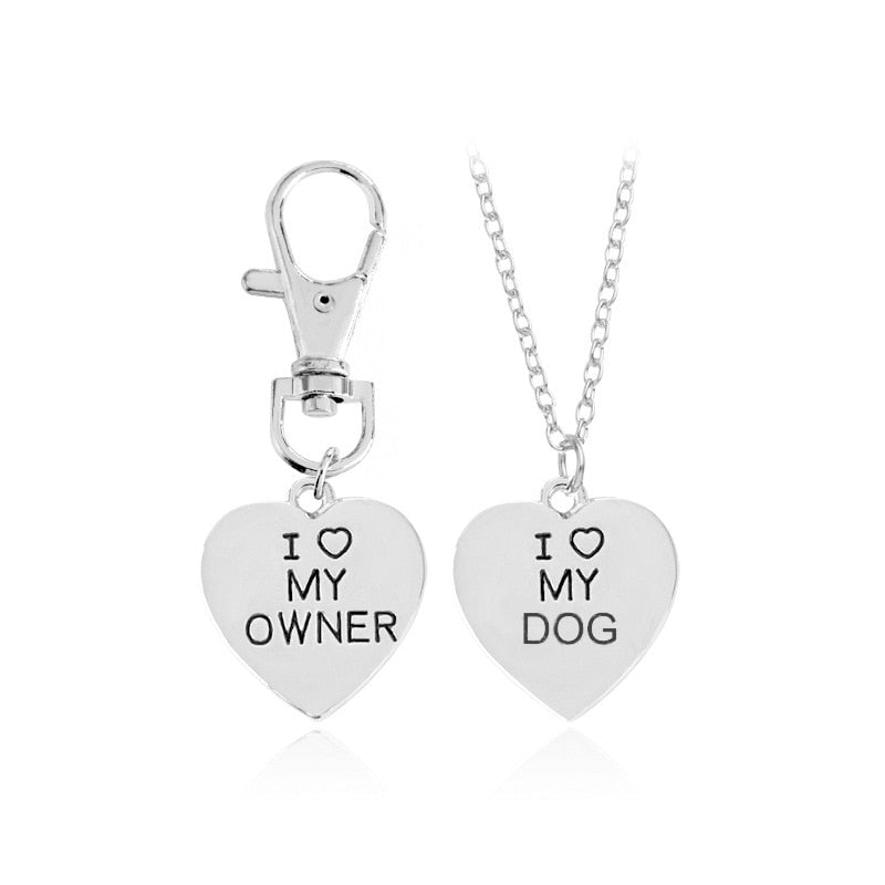 2pcs/set Gold Silver Heart I Love My Owner Dog Necklace Keychain Fashion Animal Best Friends Jewelry Pet Dog Memorial Necklaces