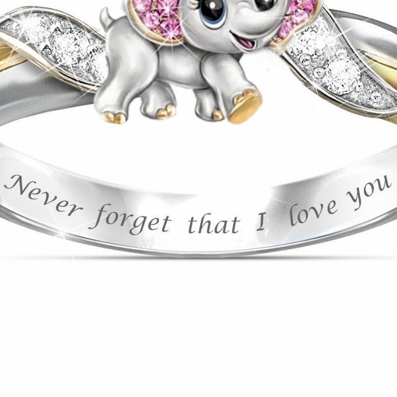 "Never Forget I Love You" Silver Cute Pink Elephant Crystal Zircon Engagement Ring Accessories Lover's Gift Anniversary Jewelry