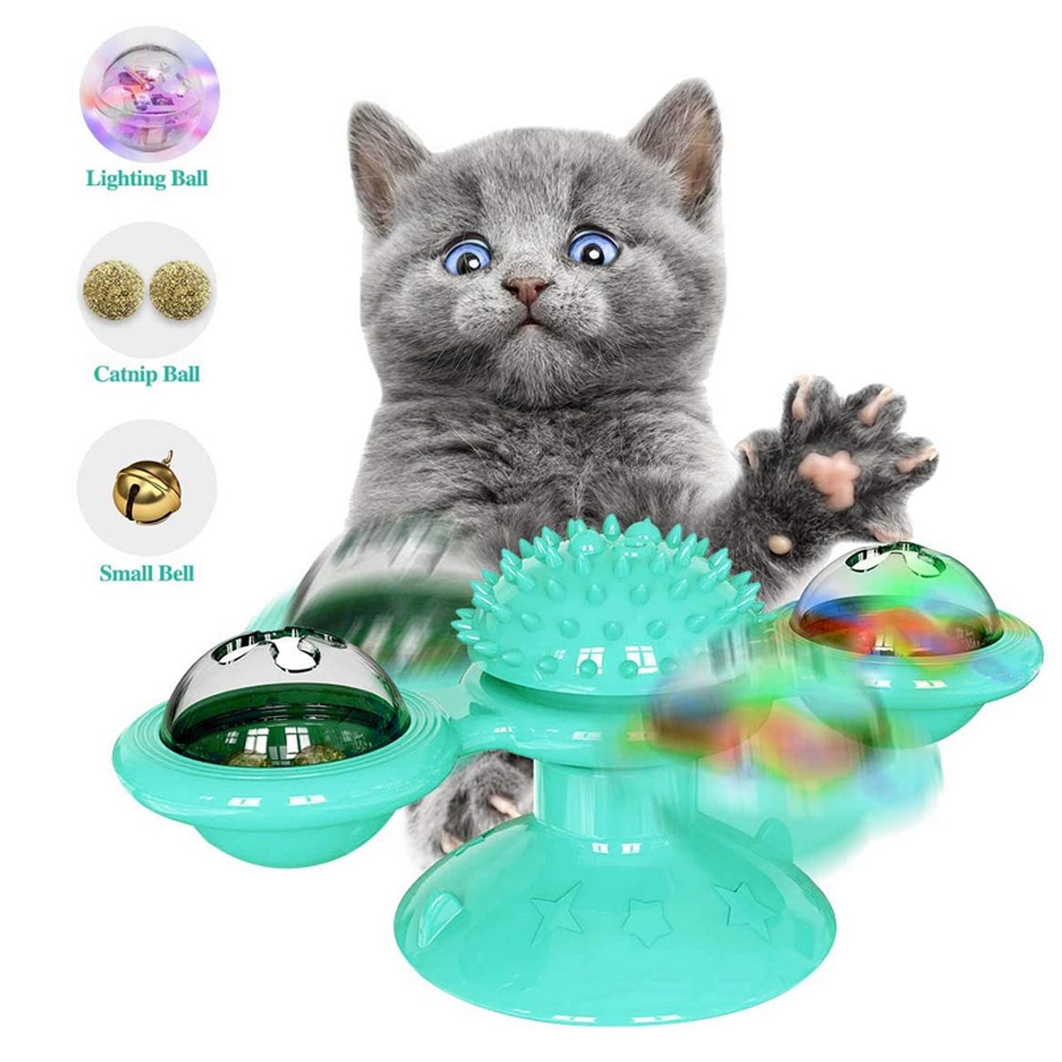 Behogar Funny Rotation Windmill Pet Cat Chewing Interactive Toy with Suction Cup Hair Massager LED Catnip Ball