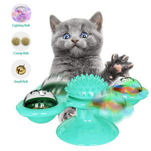 Behogar Funny Rotation Windmill Pet Cat Chewing Interactive Toy with Suction Cup Hair Massager LED Catnip Ball