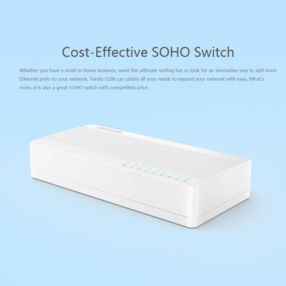 Tenda S108 8 Port 10/100Mbps Fast Ethernet Network Switch LAN Hub, Full/Half Duplex, Small and Smart, English/European Firmware