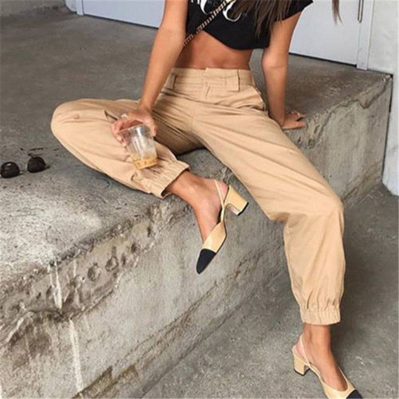 S-2XL Plus Size Pants Women Casual High Waist Cargo Pants Women Loose Solid Black Khaki Trousers Pockets Elastic Waist Bottoms