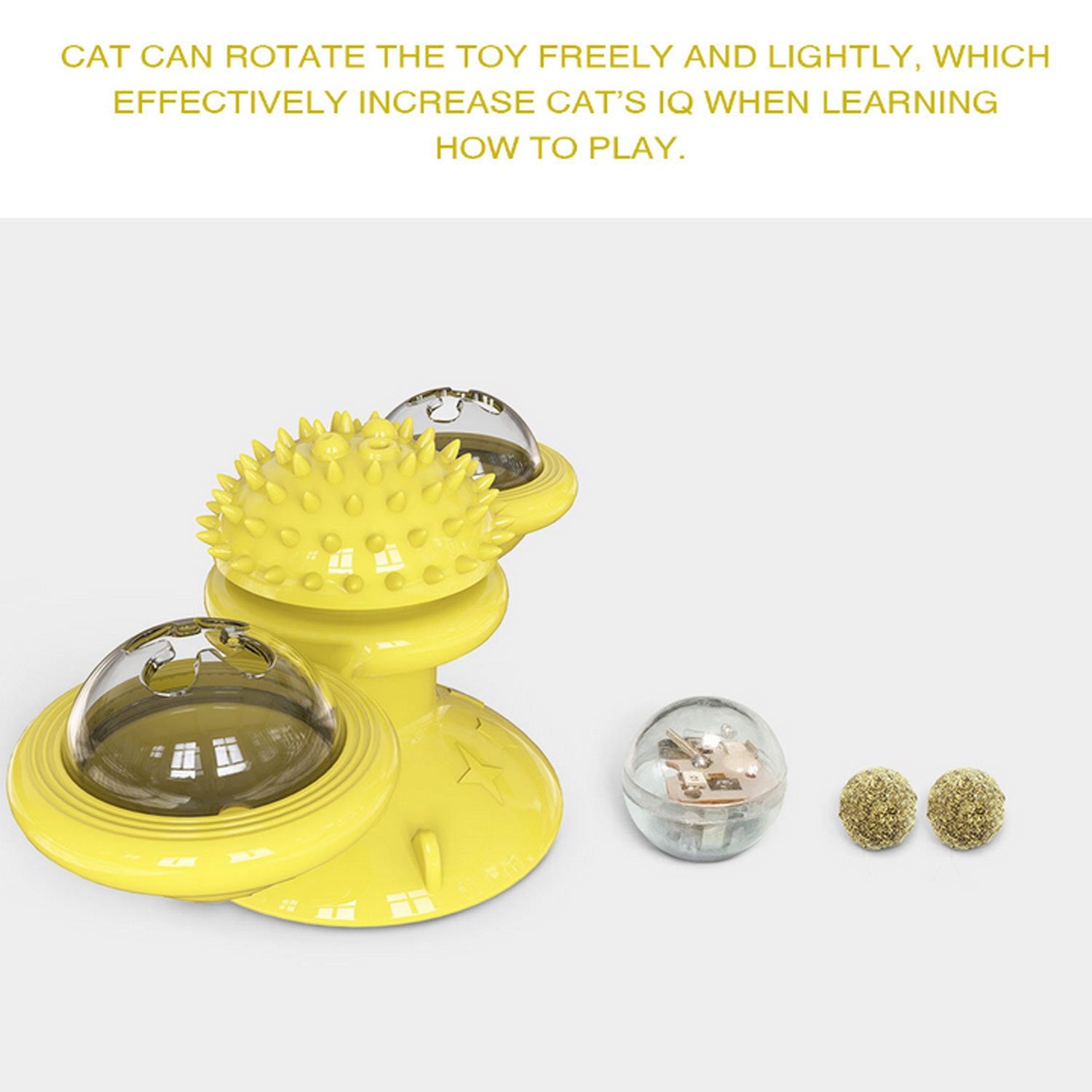 Behogar Funny Rotation Windmill Pet Cat Chewing Interactive Toy with Suction Cup Hair Massager LED Catnip Ball