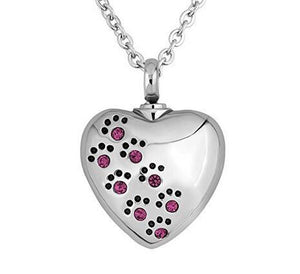 Crystal Pet Dog Paw Print Heart Urn Pendant Necklace