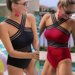 Load image into Gallery viewer, Sexy One Piece Swimsuit Women High Neck Bandage Cross Back Neck Monokini Black Swimwear Women Bathing Suits
