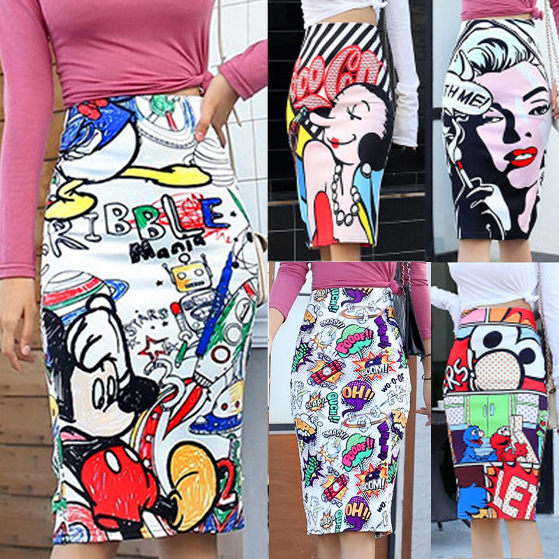 Women's Pencil Skirt Mickey New Cartoon Mouse Print High Waist Slim Skirts Women Young Girl Summer Female Falda