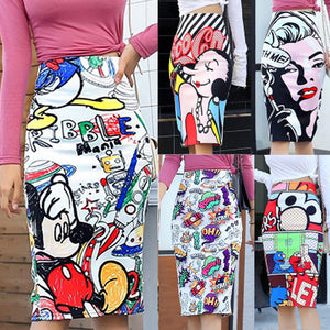 Women's Pencil Skirt Mickey New Cartoon Mouse Print High Waist Slim Skirts Women Young Girl Summer Female Falda