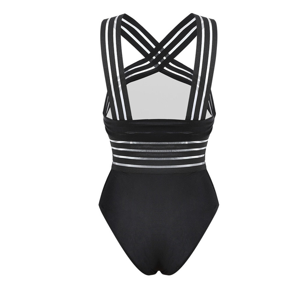 Sexy One Piece Swimsuit Women High Neck Bandage Cross Back Neck Monokini Black Swimwear Women Bathing Suits