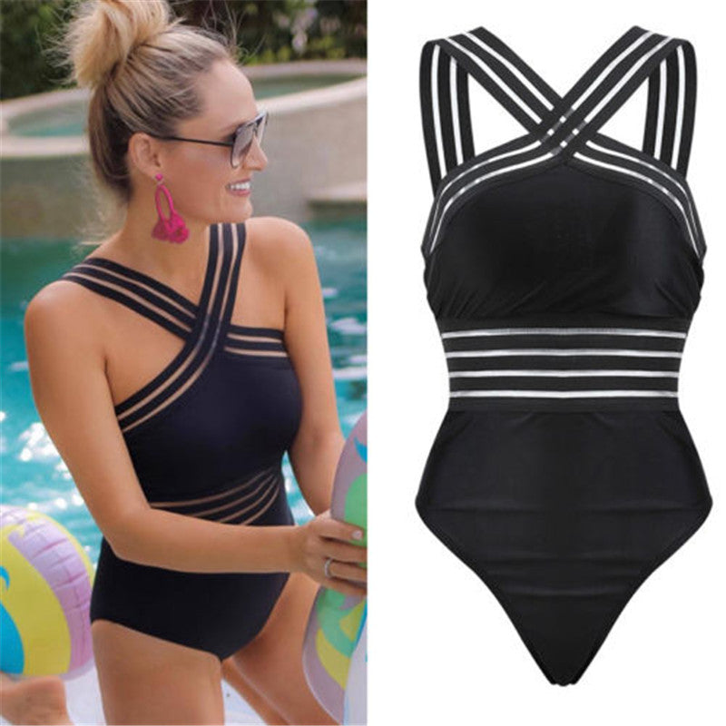 Sexy One Piece Swimsuit Women High Neck Bandage Cross Back Neck Monokini Black Swimwear Women Bathing Suits