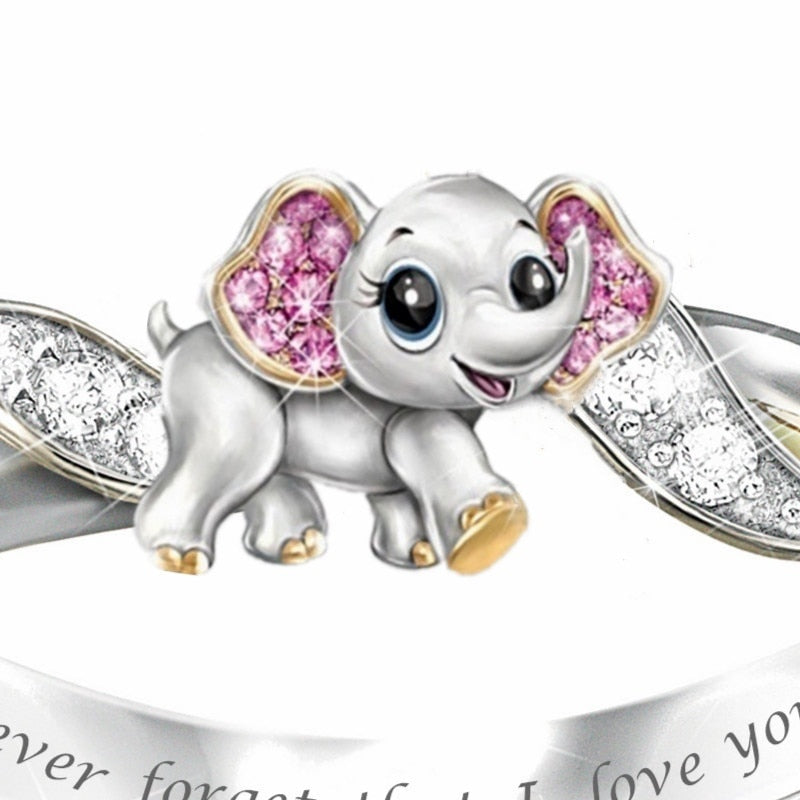 "Never Forget I Love You" Silver Cute Pink Elephant Crystal Zircon Engagement Ring Accessories Lover's Gift Anniversary Jewelry