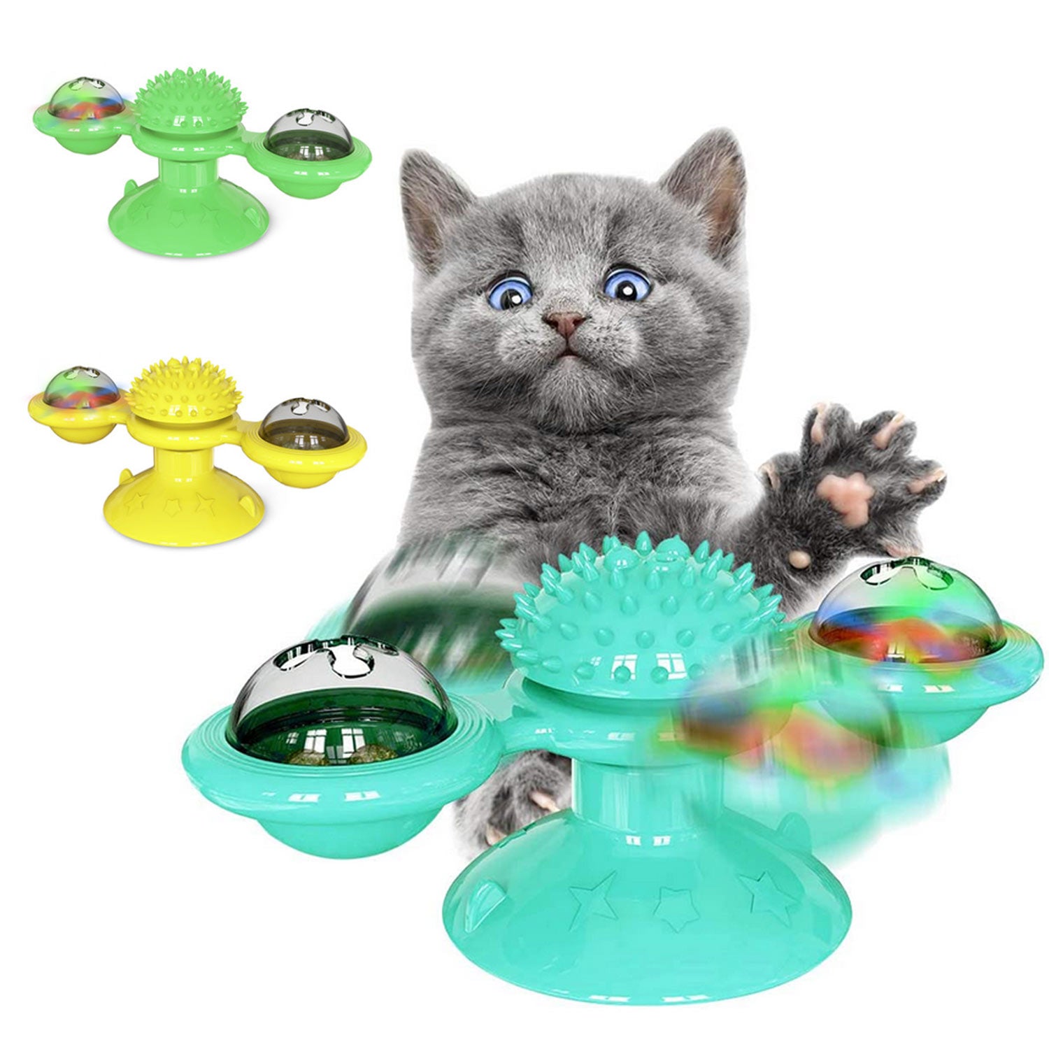 Behogar Funny Rotation Windmill Pet Cat Chewing Interactive Toy with Suction Cup Hair Massager LED Catnip Ball