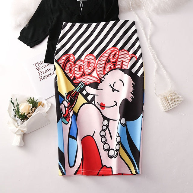 Women's Pencil Skirt Mickey New Cartoon Mouse Print High Waist Slim Skirts Women Young Girl Summer Female Falda