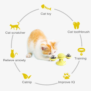 Behogar Funny Rotation Windmill Pet Cat Chewing Interactive Toy with Suction Cup Hair Massager LED Catnip Ball