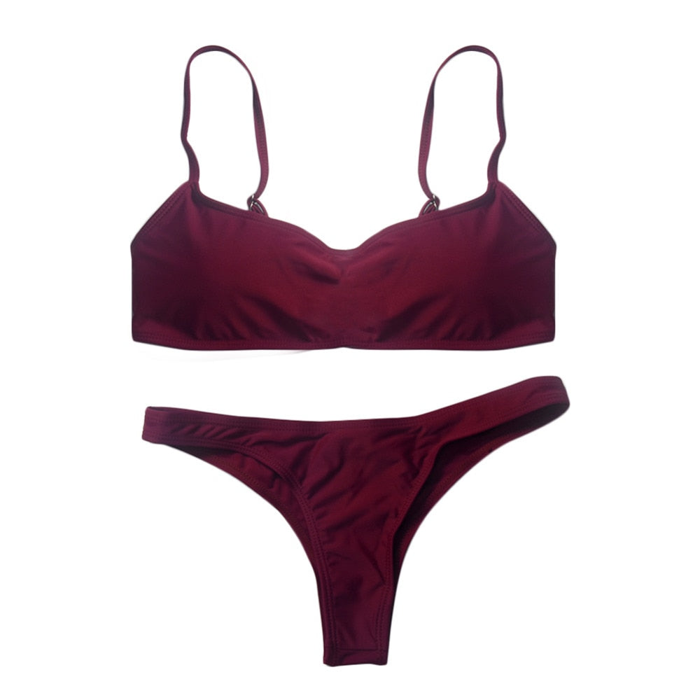 Summer Womens Solid Bikini Set, Push Up Unpadded Bra Swimsuit