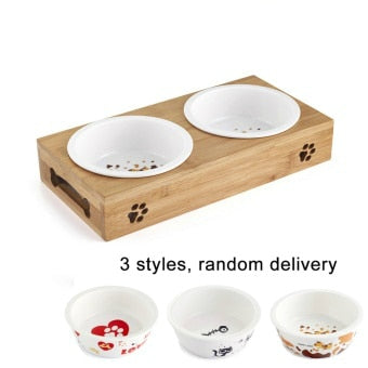 Limited Sales Cat Dog Pet Stainless Steel/Ceramic Feeding and Drinking Bowls Combination with Bamboo Frame for Dogs Cats