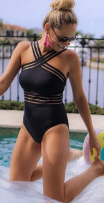 Load image into Gallery viewer, Sexy One Piece Swimsuit Women High Neck Bandage Cross Back Neck Monokini Black Swimwear Women Bathing Suits
