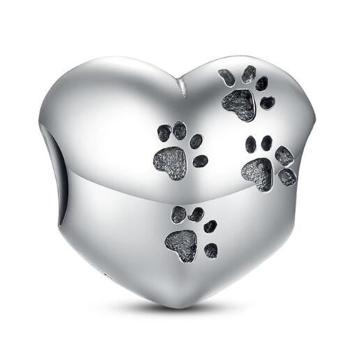 925 Sterling Silver Pet Paw Print Charm Fit Bracelet Necklace Heart Bead