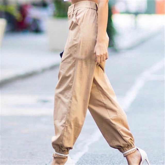 S-2XL Plus Size Pants Women Casual High Waist Cargo Pants Women Loose Solid Black Khaki Trousers Pockets Elastic Waist Bottoms