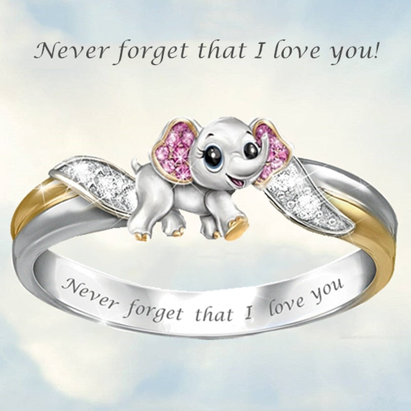 "Never Forget I Love You" Silver Cute Pink Elephant Crystal Zircon Engagement Ring Accessories Lover's Gift Anniversary Jewelry