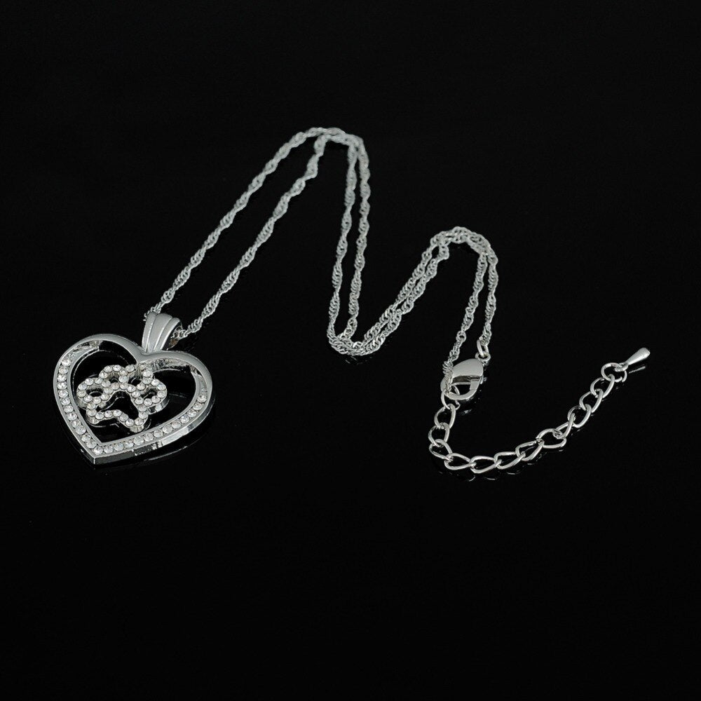 Dog Cat Paw Print in Cut Out Heart Crystal Paved Pendant Necklace Animal Pet Jewelry for Women