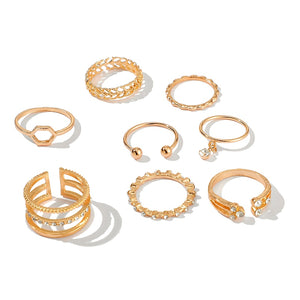 8pcs/sets Bohemian Geometric Rings Sets Clear Crystal Stone Gold Chain Opening Rings