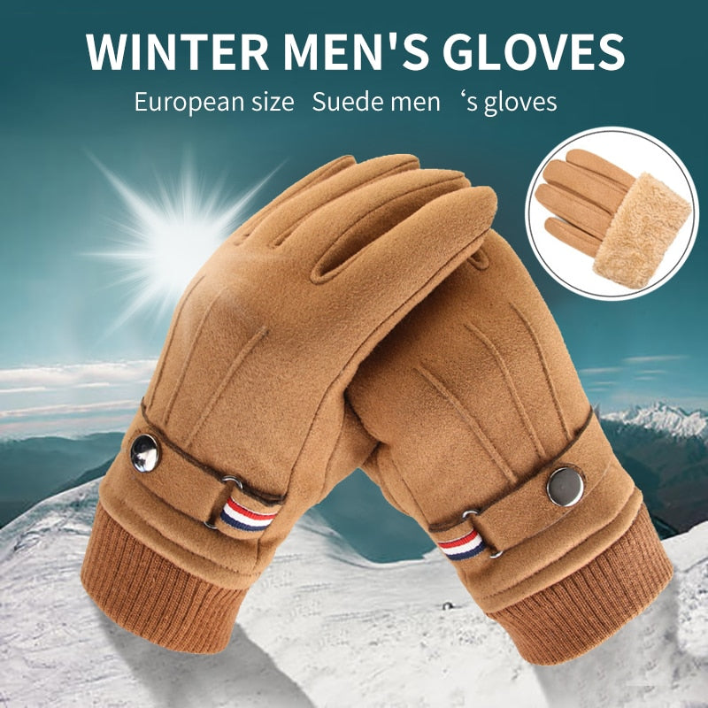 Men's Winter Gloves Suede Warm Split Finger Gloves Outdoor Sport Driving Buckle Design Male Touch Screen Mittens