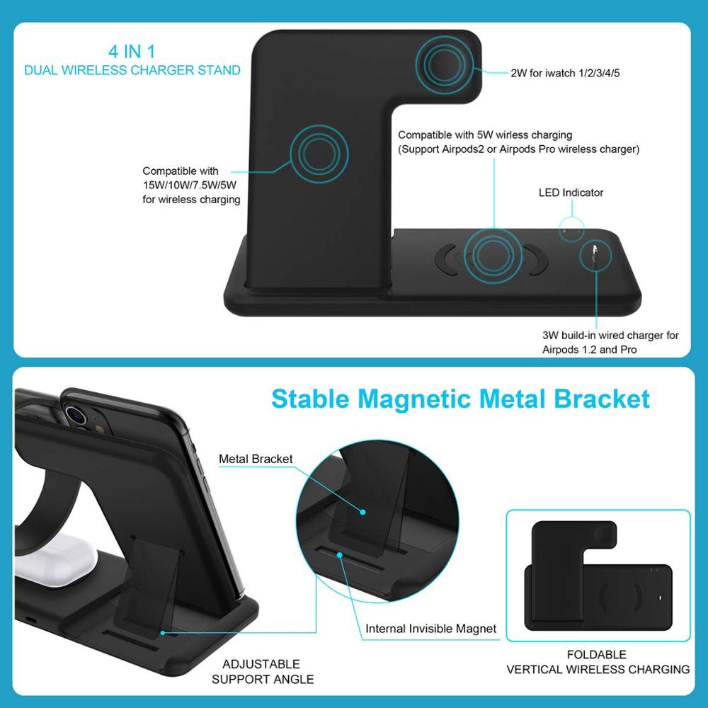 15W Qi Fast Wireless Charger Stand For iPhone 11 XR X 8 Apple Watch 4 in 1 Foldable Charging Dock Station