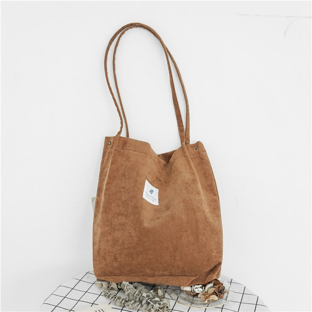 High Capacity Women Corduroy Tote Ladies Casual Shoulder Bag Foldable Reusable Shopping Beach Bag