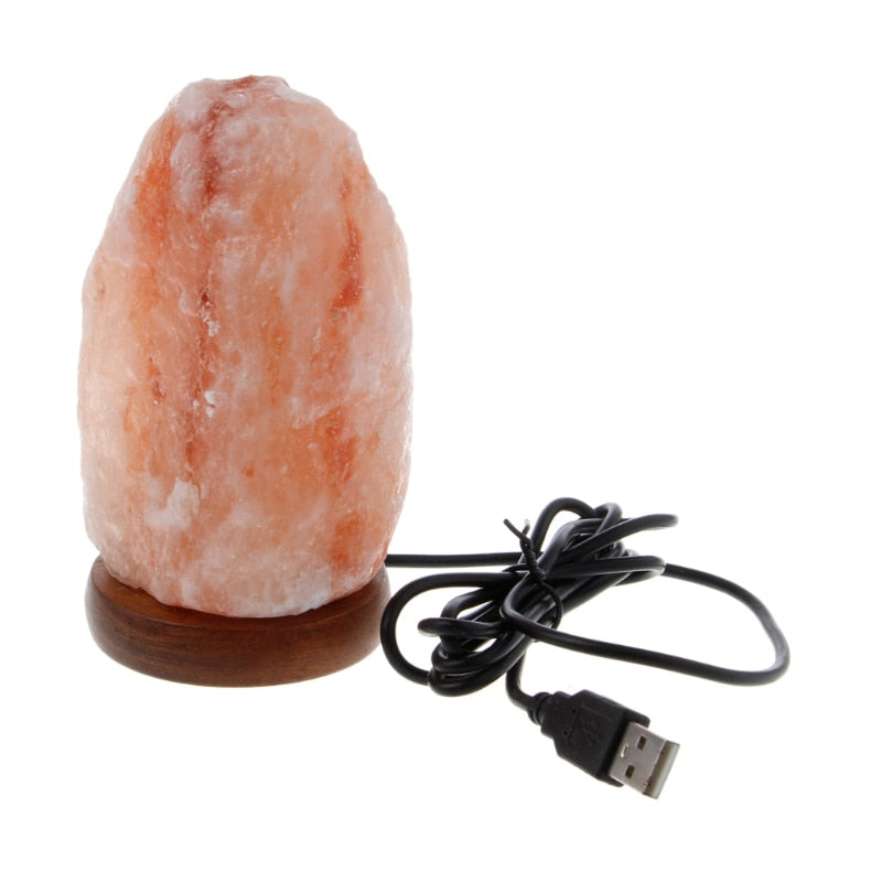 USB Salt Lamp Natural Shape Hand Carved Wooden Base Crystal Rock Colors Changing Night Light