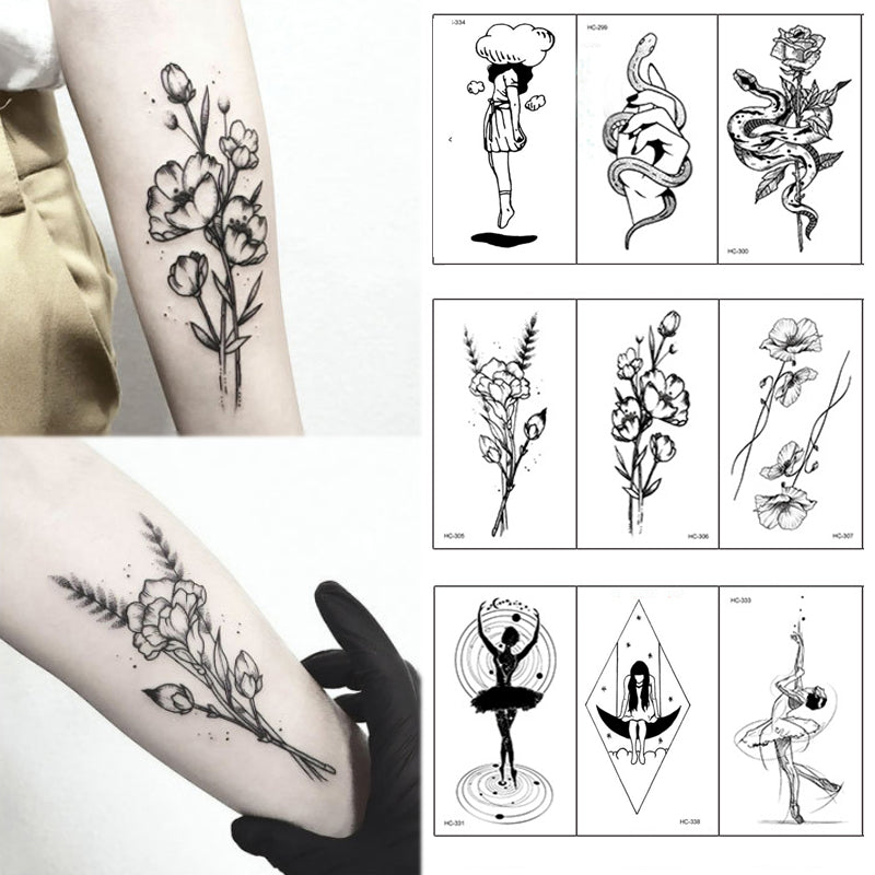 Temporary Black White Flowers & Cat Tattoos, 1 piece