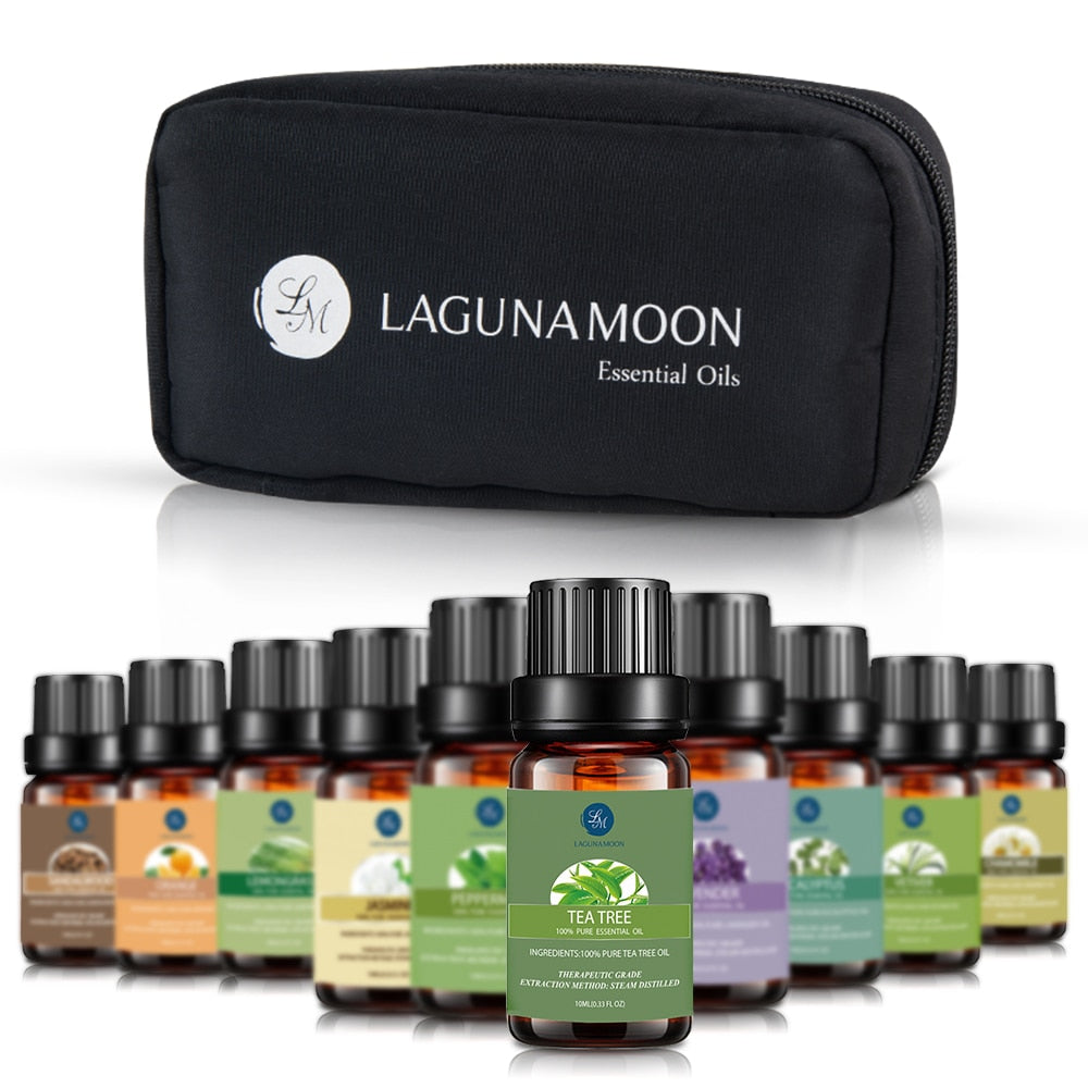 Lagunamoon 10Pcs/kit Pure Essential Oils Gift Set With Travel Bag Humidifier Massage Orange Peppermint Tee Tree  Lavender Lemon