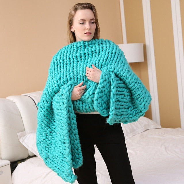 New Nordic Hand Chunky Wool Knitted Blanket Bulky Knitting Throw Blankets Home Textile Warm Chunky Knit Blanket Bulky Sofa Throw