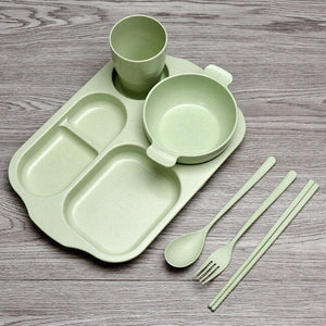 Baby Feeding Tableware Set Children Dish Bowl Fork Spoon Cup Set Bamboo Fiber Feedkid Dinnerware For Kids Separation Plate