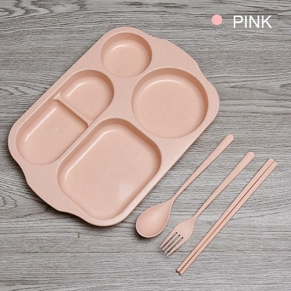 Baby Feeding Tableware Set Children Dish Bowl Fork Spoon Cup Set Bamboo Fiber Feedkid Dinnerware For Kids Separation Plate