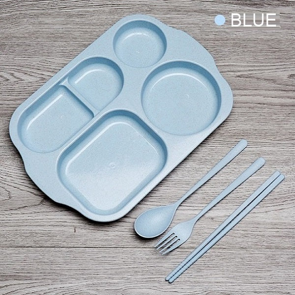 Baby Feeding Tableware Set Children Dish Bowl Fork Spoon Cup Set Bamboo Fiber Feedkid Dinnerware For Kids Separation Plate